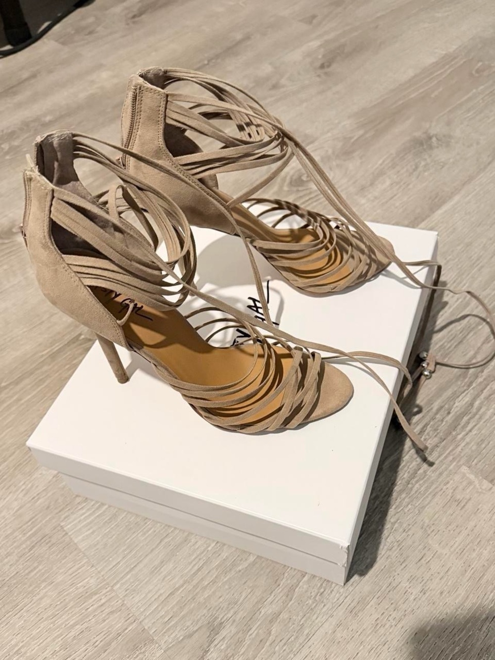 Nasty Gal Beige Suede Lace-Up Strappy High Heels